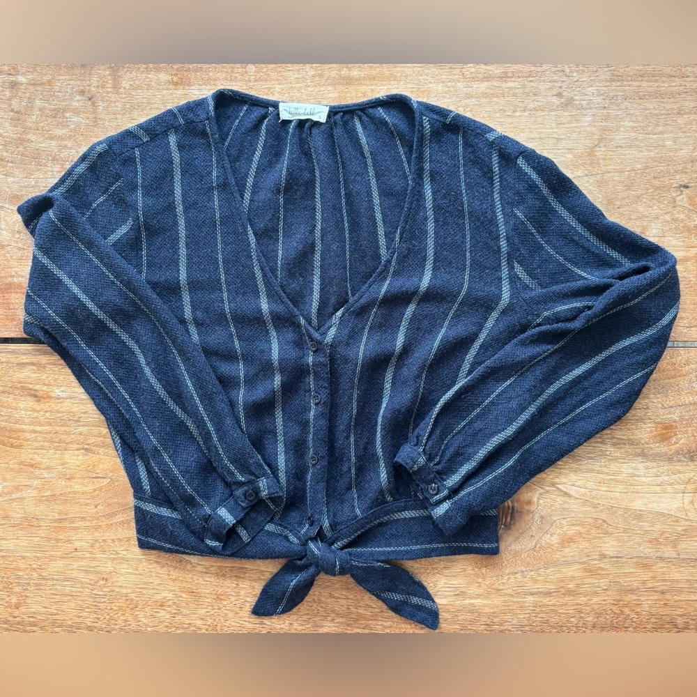 BELLA DAHL Women’s Small Tie Front Sweater Button Down Top Navy Blue P2P 20” - Picture 2 of 12